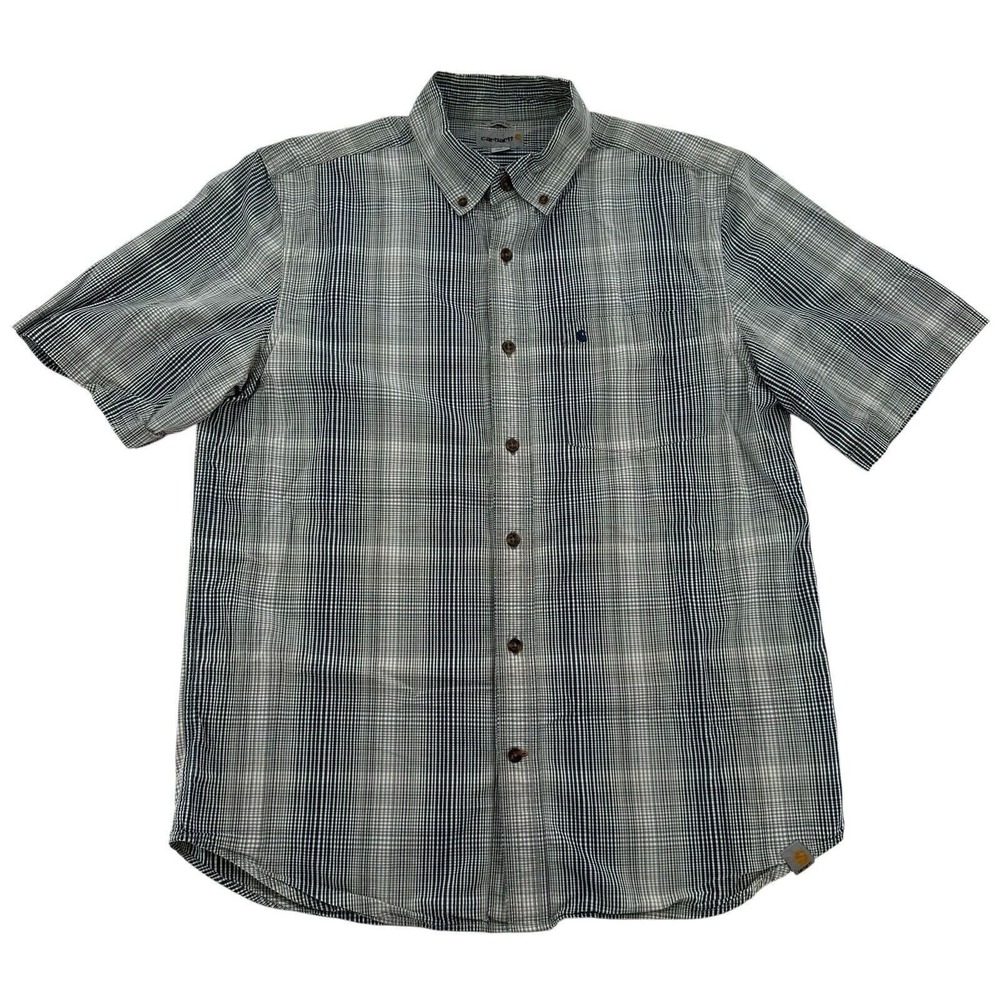 Carhartt Relaxed Fit Plaid Short Sleeve Button Down Shirt Blue White Men Size L